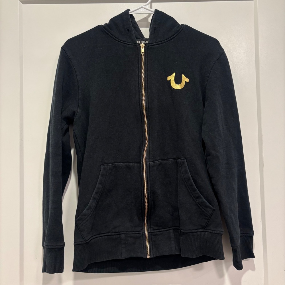 True Religion Mens Black Gold Horseshoe Logo Zip Up Hoodie Sweatshirt Size S/P